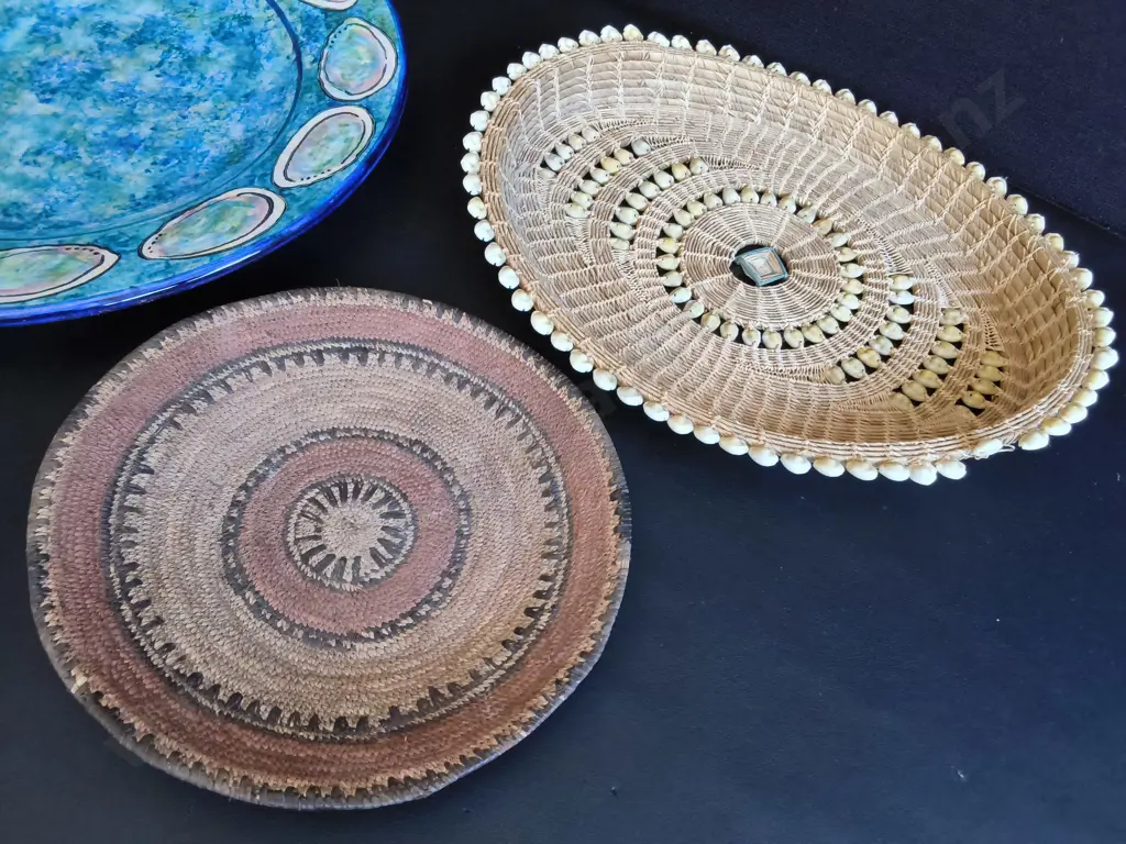 PAUA PLATTER AND HAND WOVEN BASKETS/ TRAYS, WIDEST DIA 42 CM Image 1++