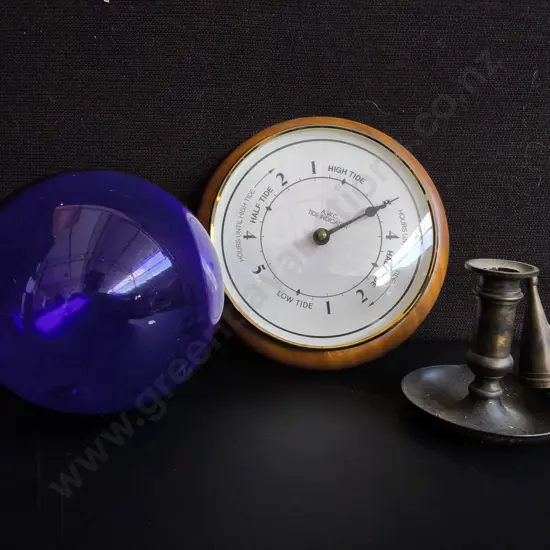 VINTAGE DECOR, TIDE CLOCK, COBALT GLASS AND CHAMBERSTICK, TALLEST H 20 CM