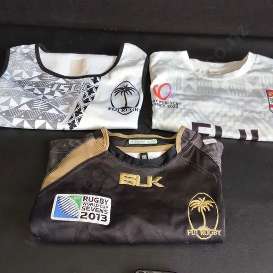 3 FIJI RUGBY JERSEYS, SIZES S AND 2XS
