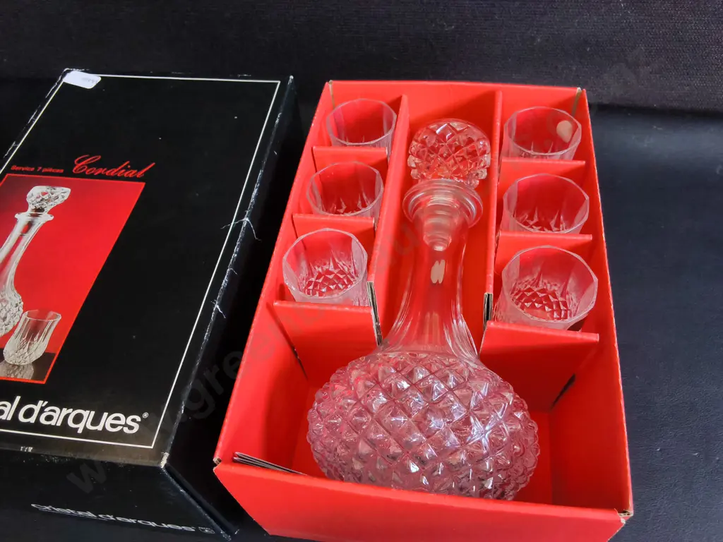 VINTAGE CRISTAL D'ARQUES "CORDIAL" 7 PIECE LIQUEUR/ DECANTER SET, MADE IN FRANCE, NEW IN BOX Image 1++