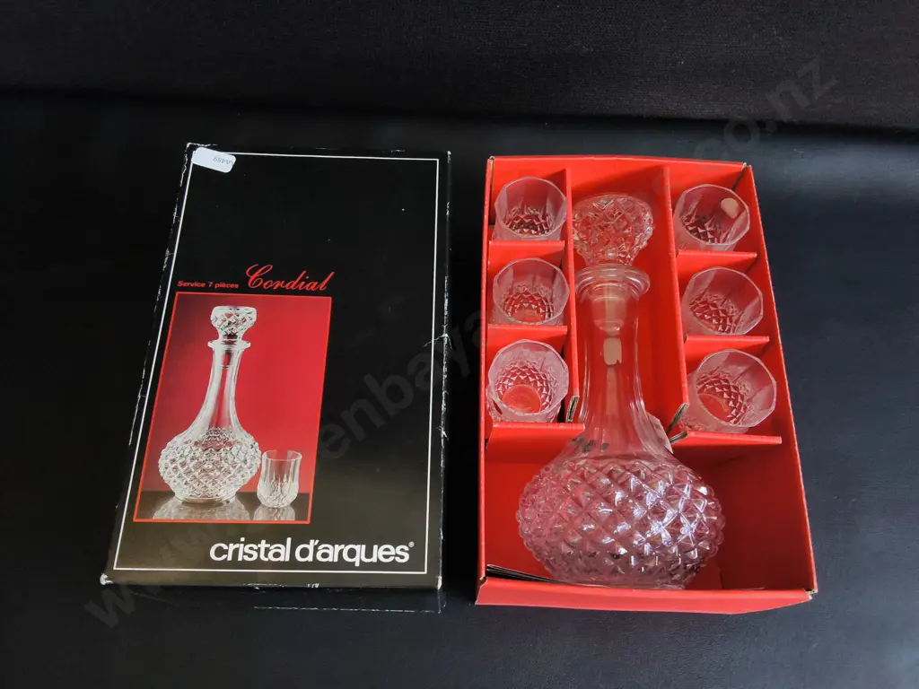 VINTAGE CRISTAL D'ARQUES "CORDIAL" 7 PIECE LIQUEUR/ DECANTER SET, MADE IN FRANCE, NEW IN BOX Image 1++