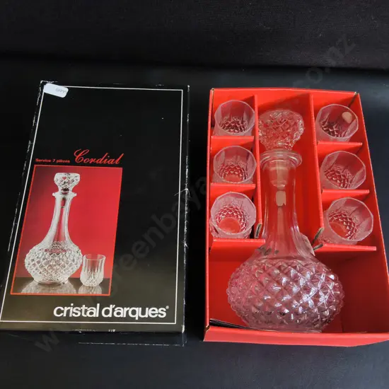VINTAGE CRISTAL D'ARQUES "CORDIAL" 7 PIECE LIQUEUR/ DECANTER SET, MADE IN FRANCE, NEW IN BOX