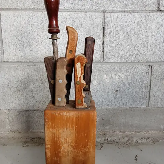 VINTAGE KNIFE COLLECTION IN BLOCK, INCLUDING SHARPENER
