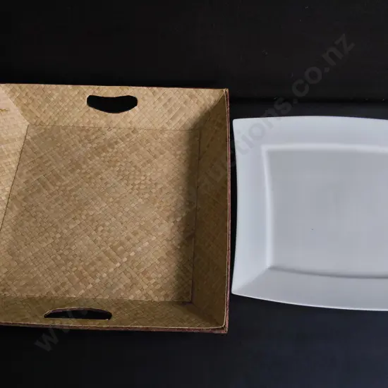 WOVEN RATTAN TRAY WITH SIDE HANDLES AND SQUARE WHITE CERAMIC PLATES, WIDEST W 46 CM