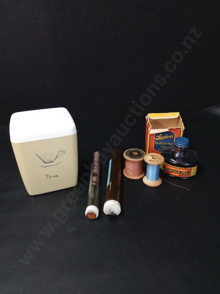 ASSORTED VINTAGE ITEMS, BUTTONS, INK, COTTON REELS, TEA CANISTER Image 1++