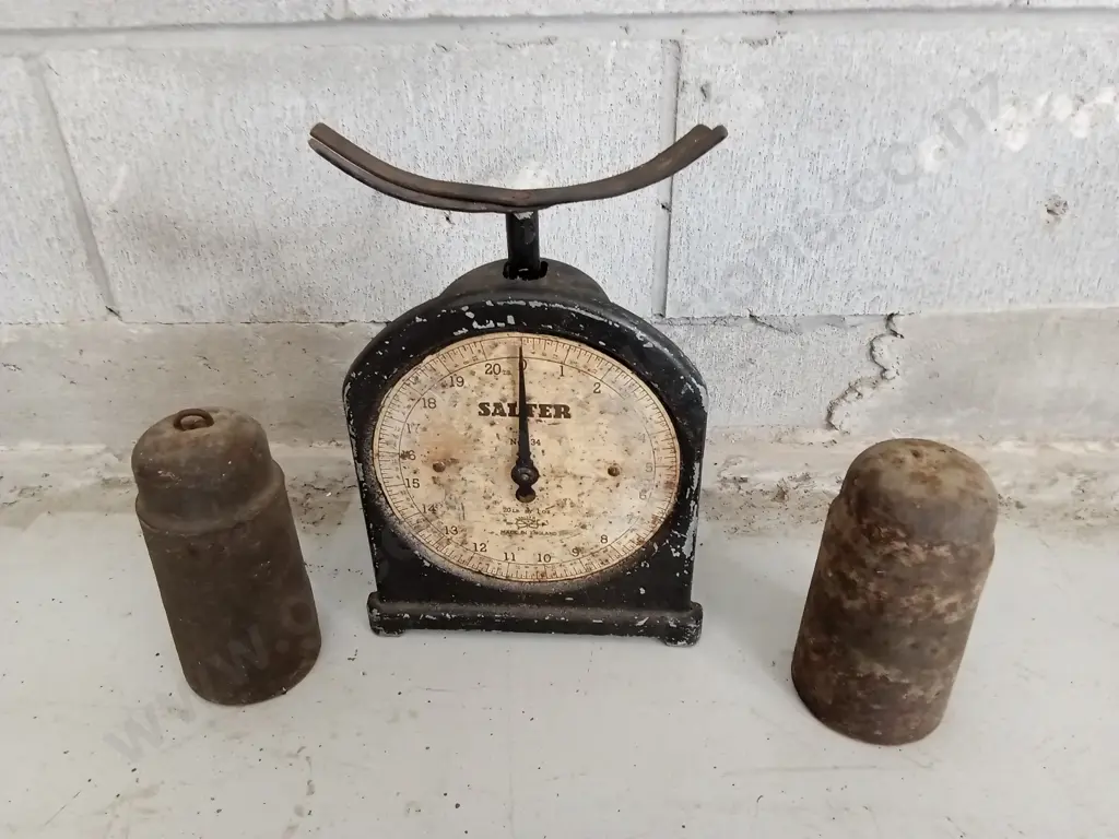 VINTAGE SALTER KITCHEN SCALE AND CLOCK WEIGHTS Image 1++
