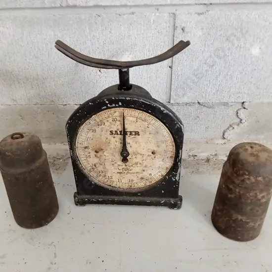 VINTAGE SALTER KITCHEN SCALE AND CLOCK WEIGHTS