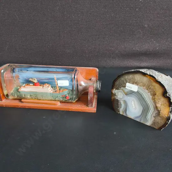 AGATE GEODE TEA LIGHT CANDLE HOLDER AND SHIP IN A BOTTLE DECOR, WIDEST W 24 CM