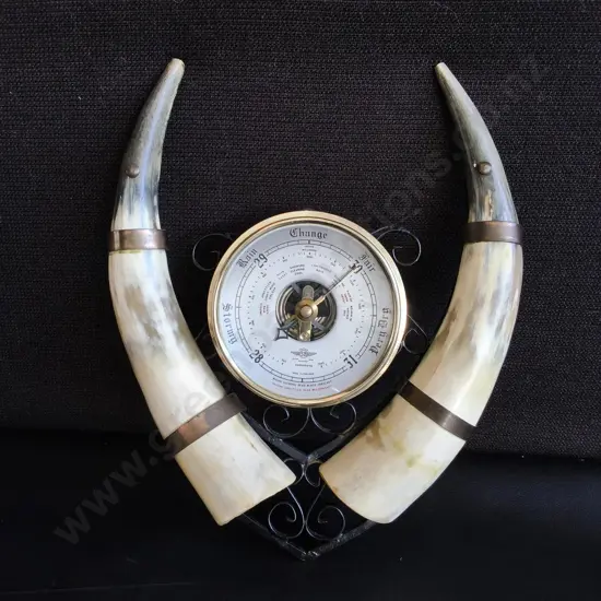 VINTAGE MID CENTURY SHORTLAND SB WROUGHT IRON AND COW HORN WALL BAROMETER, H 28 CM