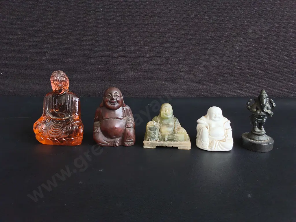 COLLECTION OF MINIATURE BUDDHA AND GANESHA FIGURINES, 5 PIECES, TALLEST H 9 CM Image 1++