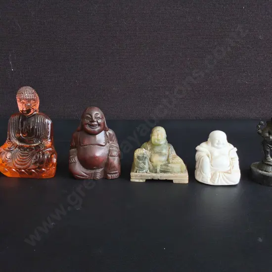 COLLECTION OF MINIATURE BUDDHA AND GANESHA FIGURINES, 5 PIECES, TALLEST H 9 CM