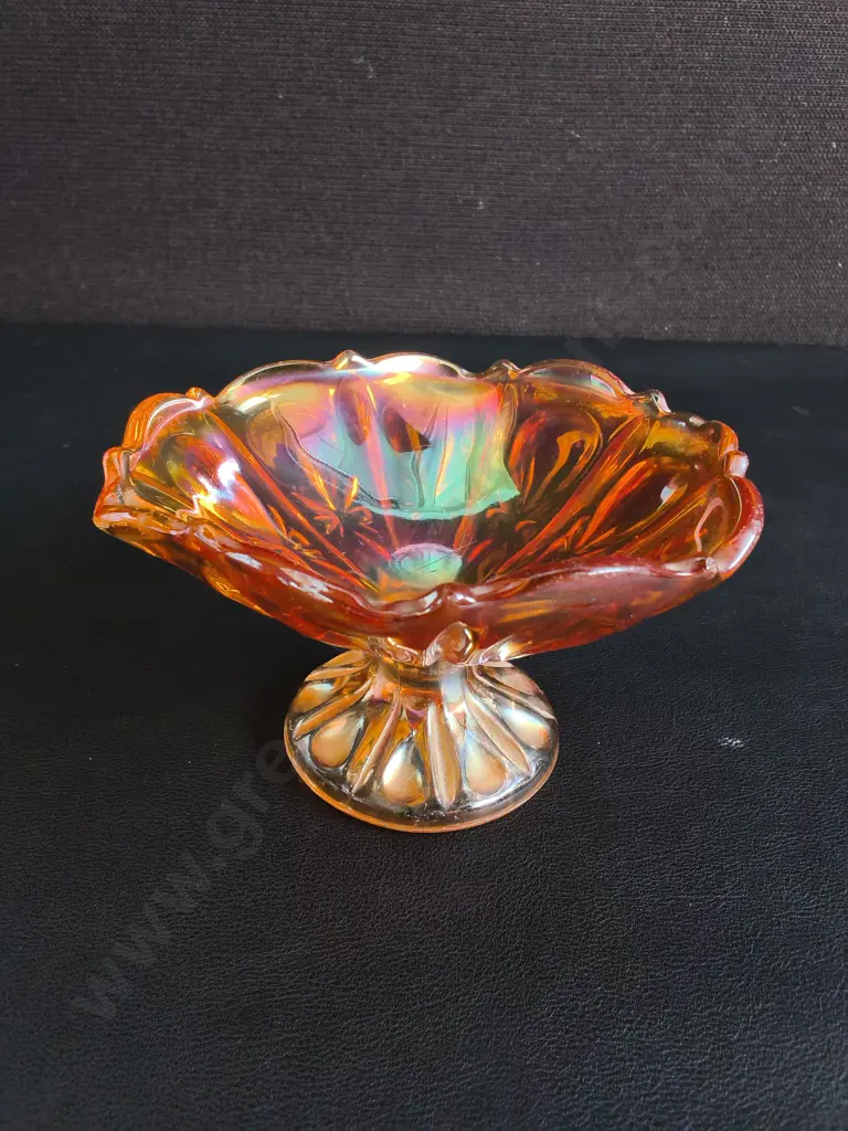 VINTAGE IMPERIAL GLASS MARIGOLD CARNIVAL GLASS FOOTED COMPOTE, H 7 CM Image 1++