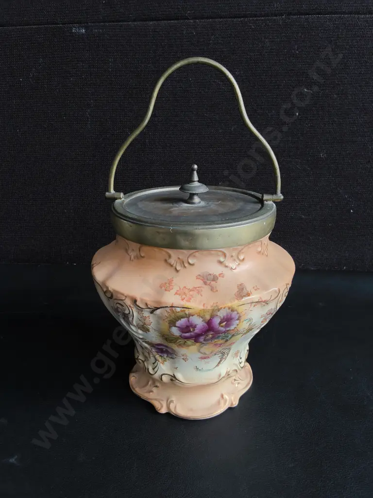 ANTIQUE S. FIELDING & CO. (CROWN DEVON) "ELM" PATTERN BLUSHWARE BISCUIT BARREL, H TO HANDLE 25 CM Image 1++