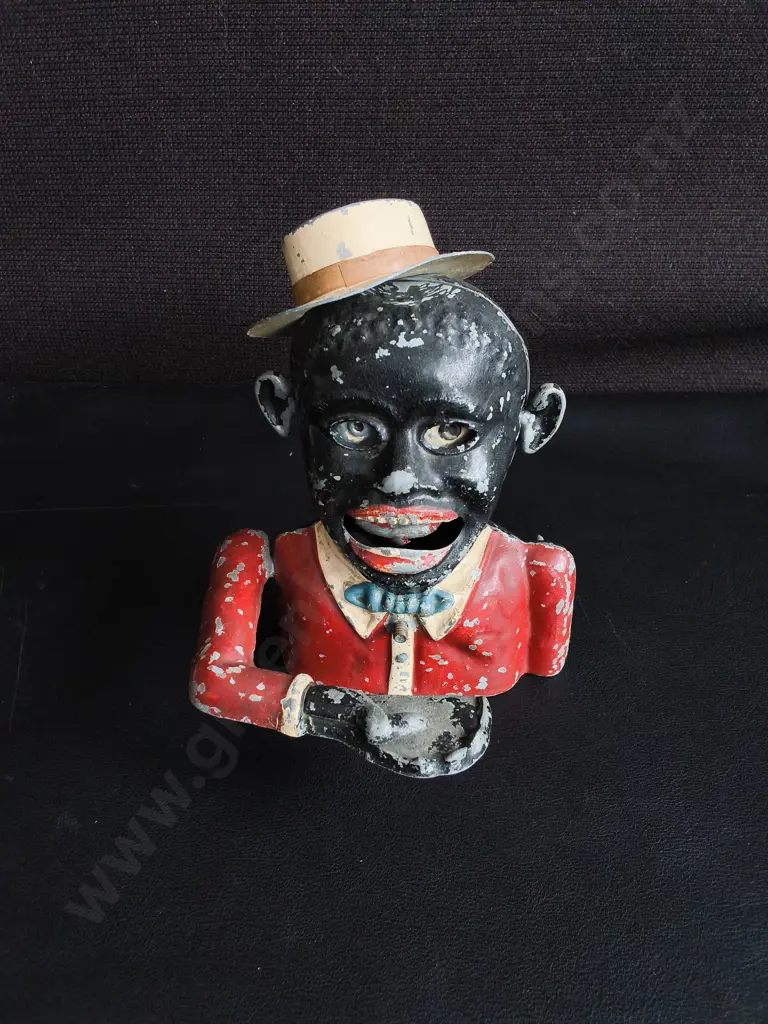 VINTAGE STARKIE'S PATENT MECHANICAL ALUMINUM "JOLLY BOY" MONEY BOX, H 13 CM Image 1++