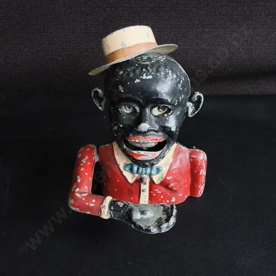 VINTAGE STARKIE'S PATENT MECHANICAL ALUMINUM "JOLLY BOY" MONEY BOX, H 13 CM
