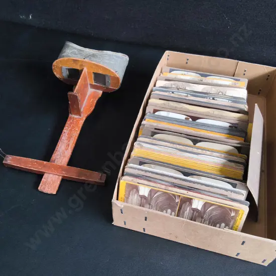 ANTIQUE STEREOSCOPE AND BOX OF STEREOVIEW CARDS