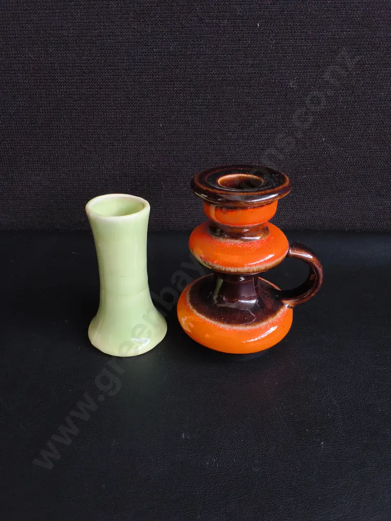 VINTAGE MID CENTURY MODERN POTTERY, 1970S WEST GERMAN FAT LAVA CANDLE HOLDER AND SAGE GREEN BUD VASE, TALLEST H 12 CM Image 1++