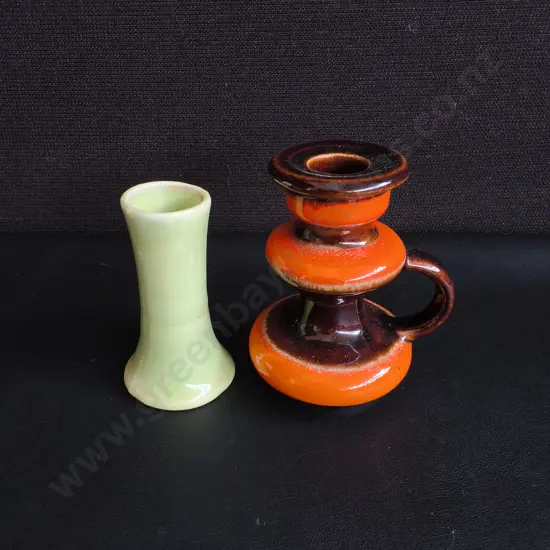VINTAGE MID CENTURY MODERN POTTERY, 1970S WEST GERMAN FAT LAVA CANDLE HOLDER AND SAGE GREEN BUD VASE, TALLEST H 12 CM