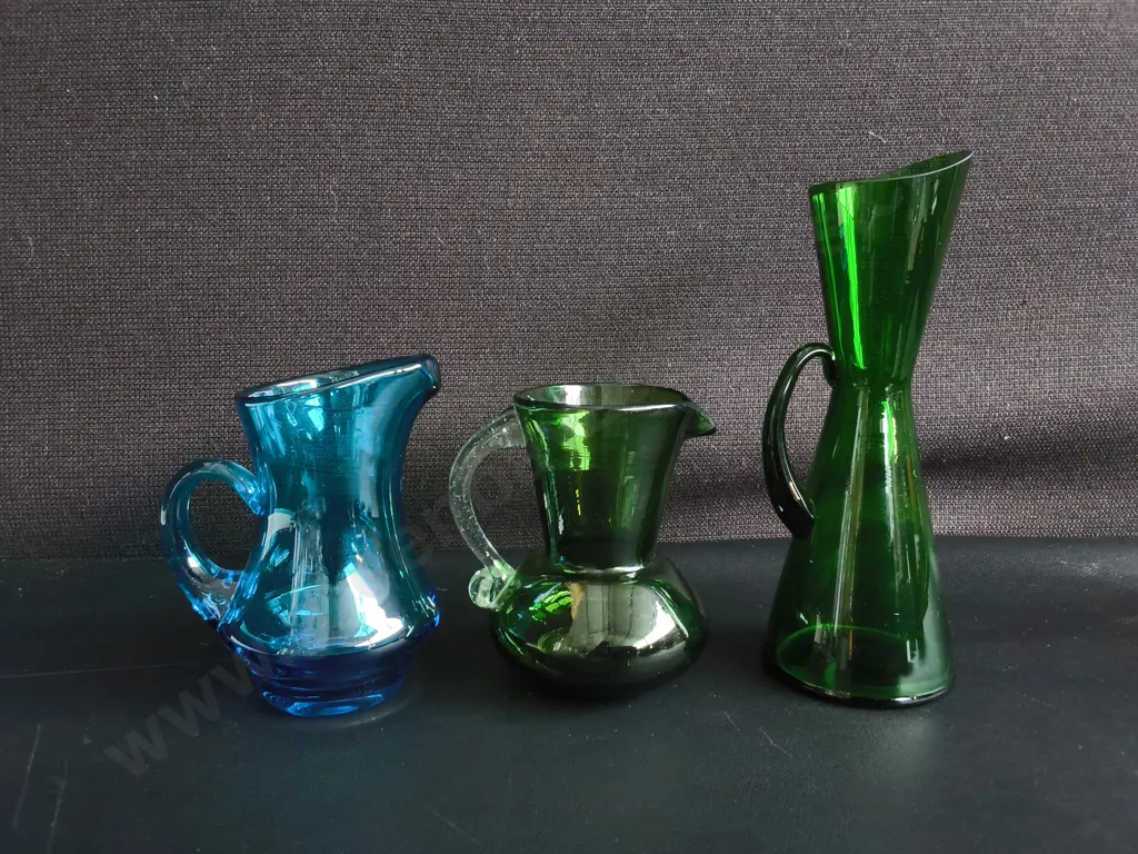 VINTAGE MID CENTURY HAND BLOWN ART GLASS PITCHERS, 3 PIECES, TALLEST H 19 CM Image 1++