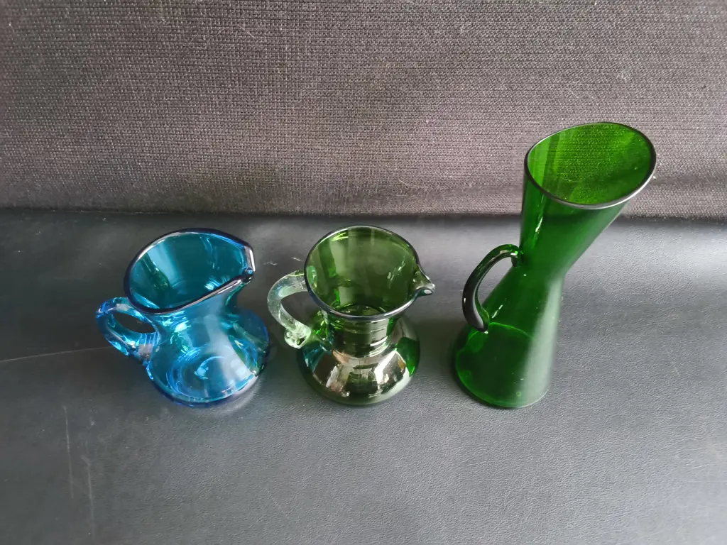 VINTAGE MID CENTURY HAND BLOWN ART GLASS PITCHERS, 3 PIECES, TALLEST H 19 CM Image 1++