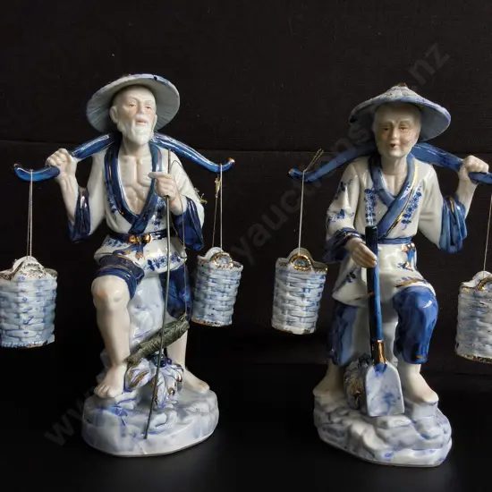 PAIR OF VINTAGE CHINESE BLUE AND WHITE PORCELAIN FIGURINES, FISHERMAN AND WATER CARRIER COUPLE, H 32 CM