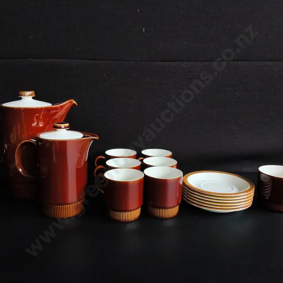 VINTAGE POOLE POTTERY "CHESTNUT" COFFEE SET, 1970S MCM, 15 PIECES, TALLEST H 22 CM