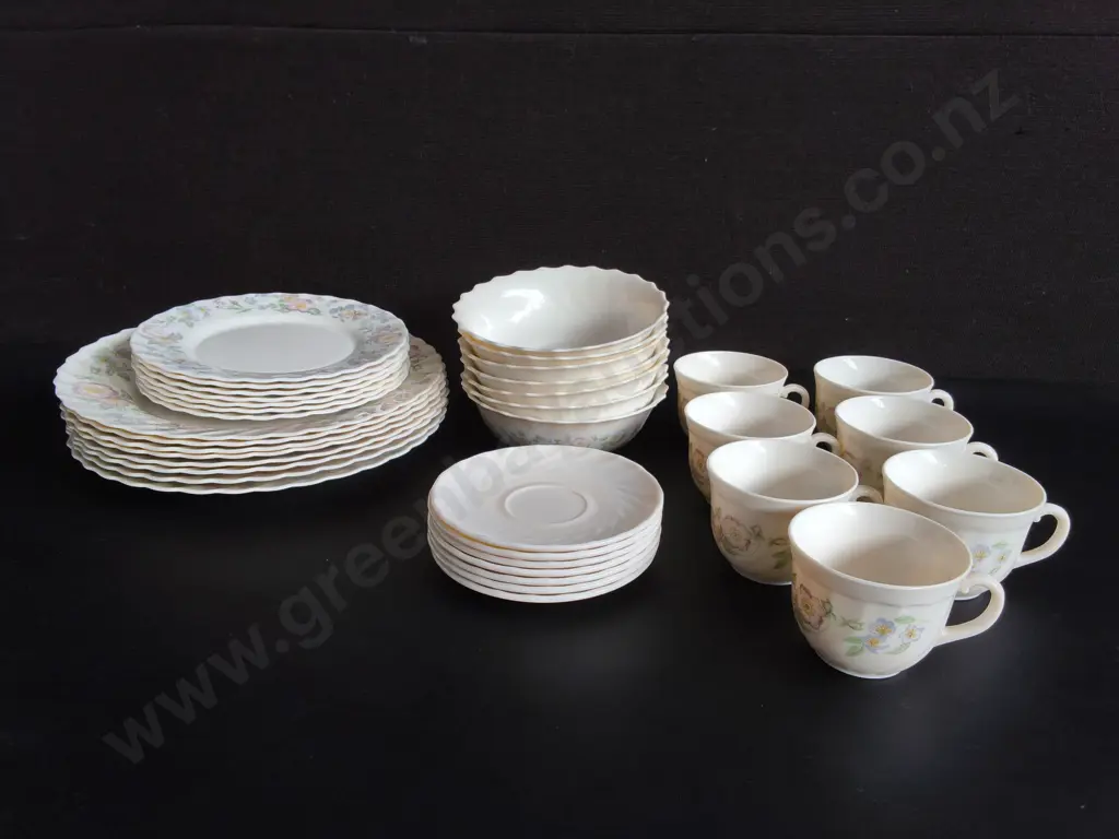 VINTAGE SARCOPAL FRANCE CHAMPRETE OPAL GLASS DINNER AND TEA SET, 36 PIECES Image 1++