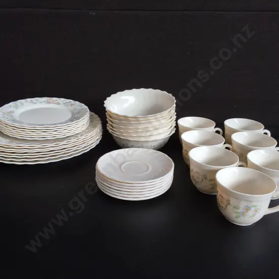 VINTAGE SARCOPAL FRANCE CHAMPRETE OPAL GLASS DINNER AND TEA SET, 36 PIECES
