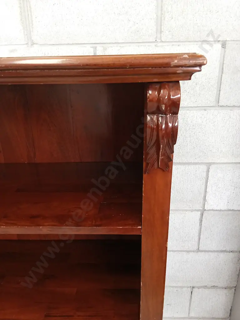 VINTAGE WOODEN SHELF WITH DARK FINISH AND CARVED DETAILS, H 126CM X W 120CM X 40CM Image 1++