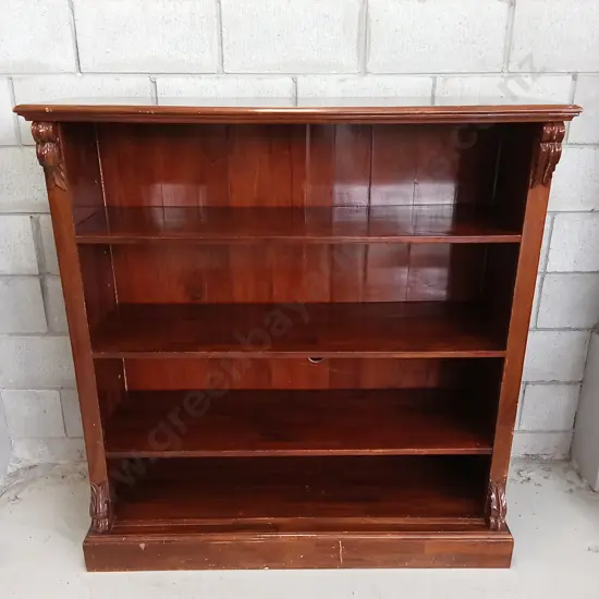 VINTAGE WOODEN SHELF WITH DARK FINISH AND CARVED DETAILS, H 126CM X W 120CM X 40CM