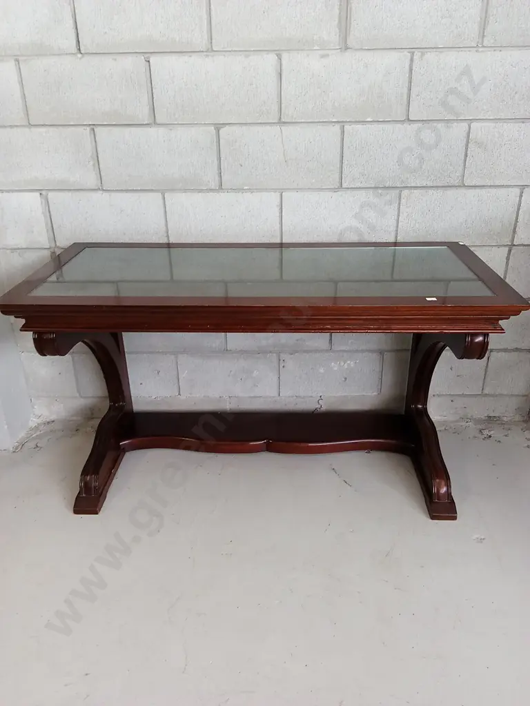 VINTAGE WOODEN AND GLASS TOP DESK, H 75CM X W 130CM X D 58CM Image 1++