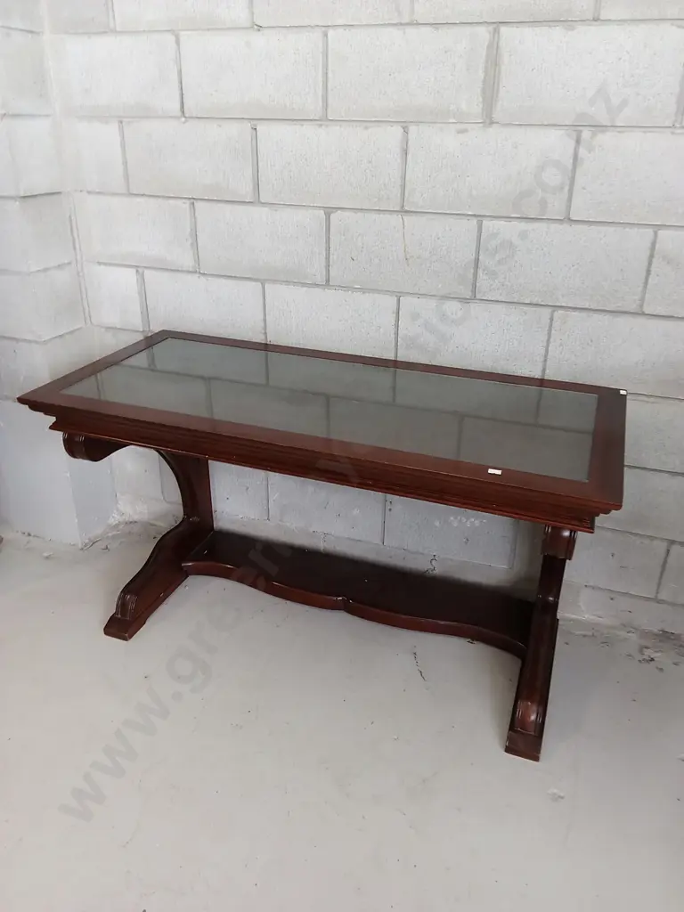 VINTAGE WOODEN AND GLASS TOP DESK, H 75CM X W 130CM X D 58CM Image 1++
