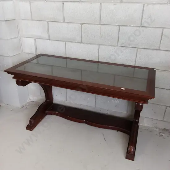 VINTAGE WOODEN AND GLASS TOP DESK, H 75CM X W 130CM X D 58CM