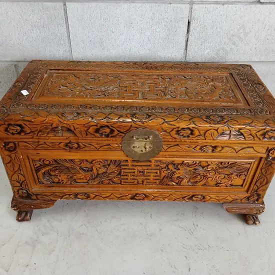 VINTAGE CHINESE HAND CARVED WOODEN CHEST, H 37CM W 70CM X D 34CM