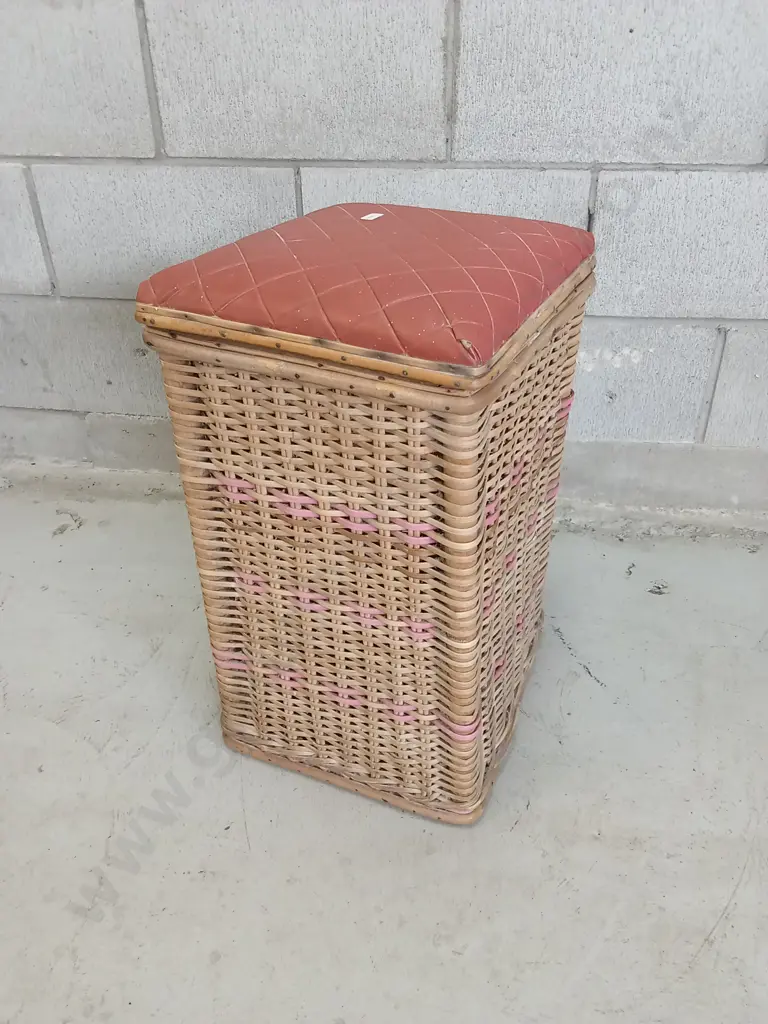 VINTAGE RATTAN LAUNDRY HAMPER, H 53CM X W 30CM X D 33CM Image 1++