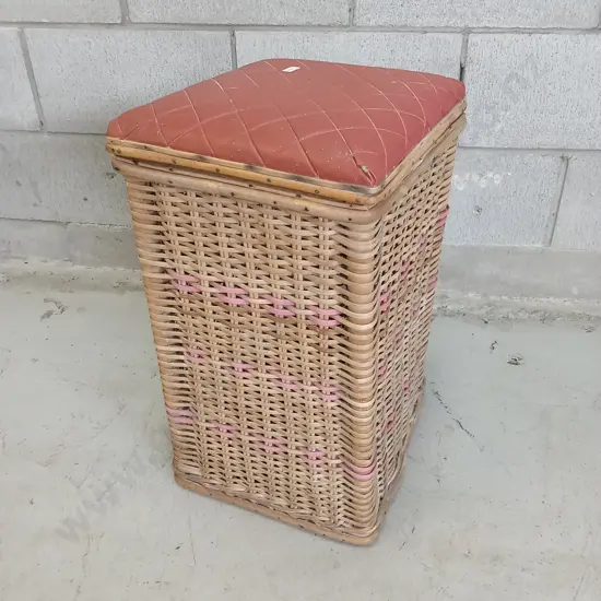 VINTAGE RATTAN LAUNDRY HAMPER, H 53CM X W 30CM X D 33CM