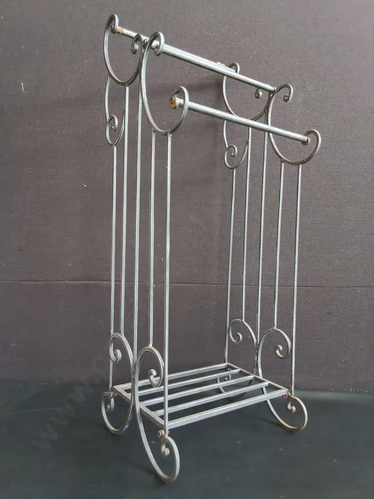 VINTAGE FRENCH PROVINCIAL STYLE WROUGHT IRON TOWEL RAIL AND QUILT STAND, H 92 CM Image 1++
