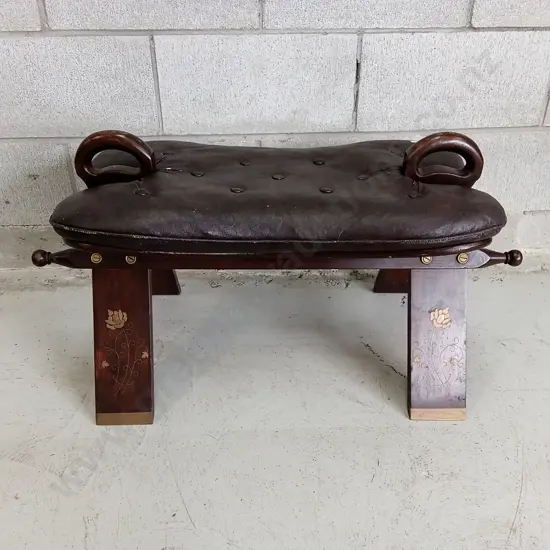 VINTAGE CAMEL SADDLE STOOL, H 44CM X W 76CM X D 39CM