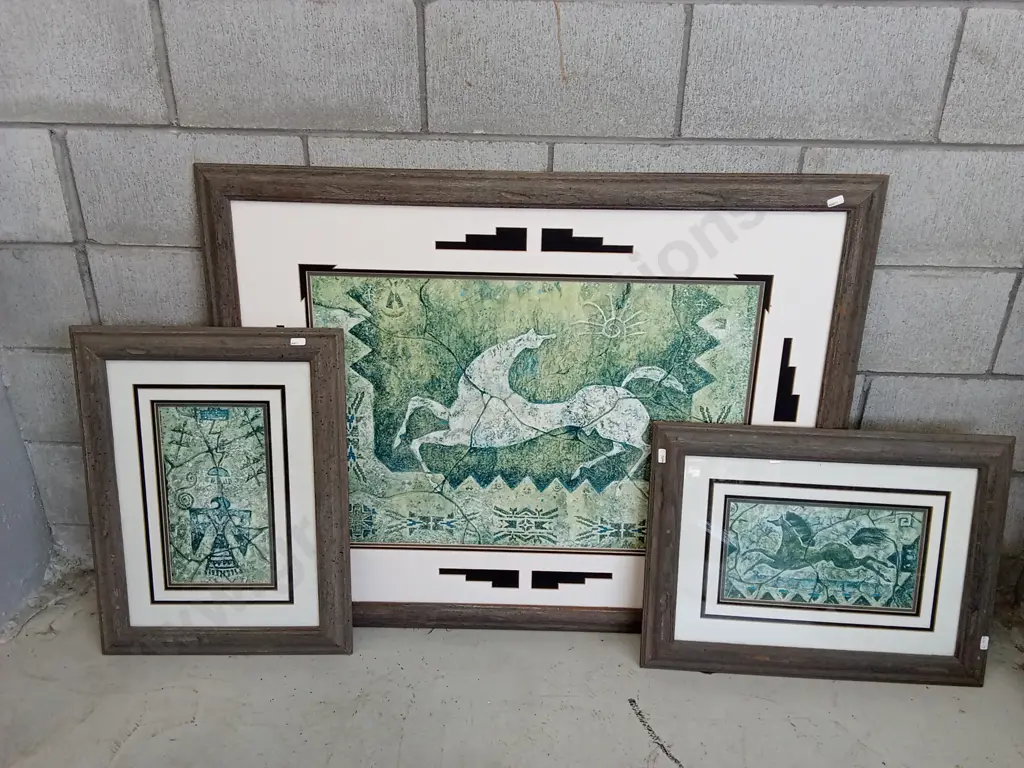 3 FRAMED PIECES OF CECILIA HENLE STYLE ART LARGEST MISSING GLASS L1.2CM X H88CM Image 1++