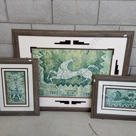 3 FRAMED PIECES OF CECILIA HENLE STYLE ART LARGEST MISSING GLASS L1.2CM X H88CM