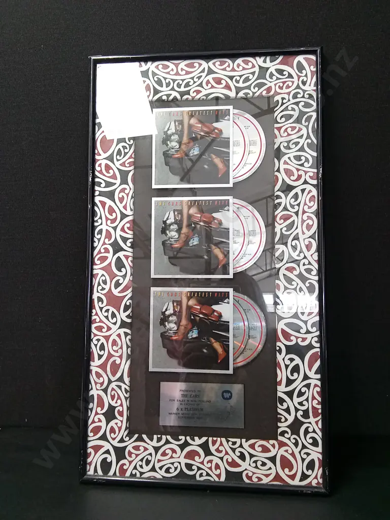 FRAMED COMMEMORATIVE PLAQUE FEATURING "THE CARS" GREATEST HITS 67 X 37CM Image 1++