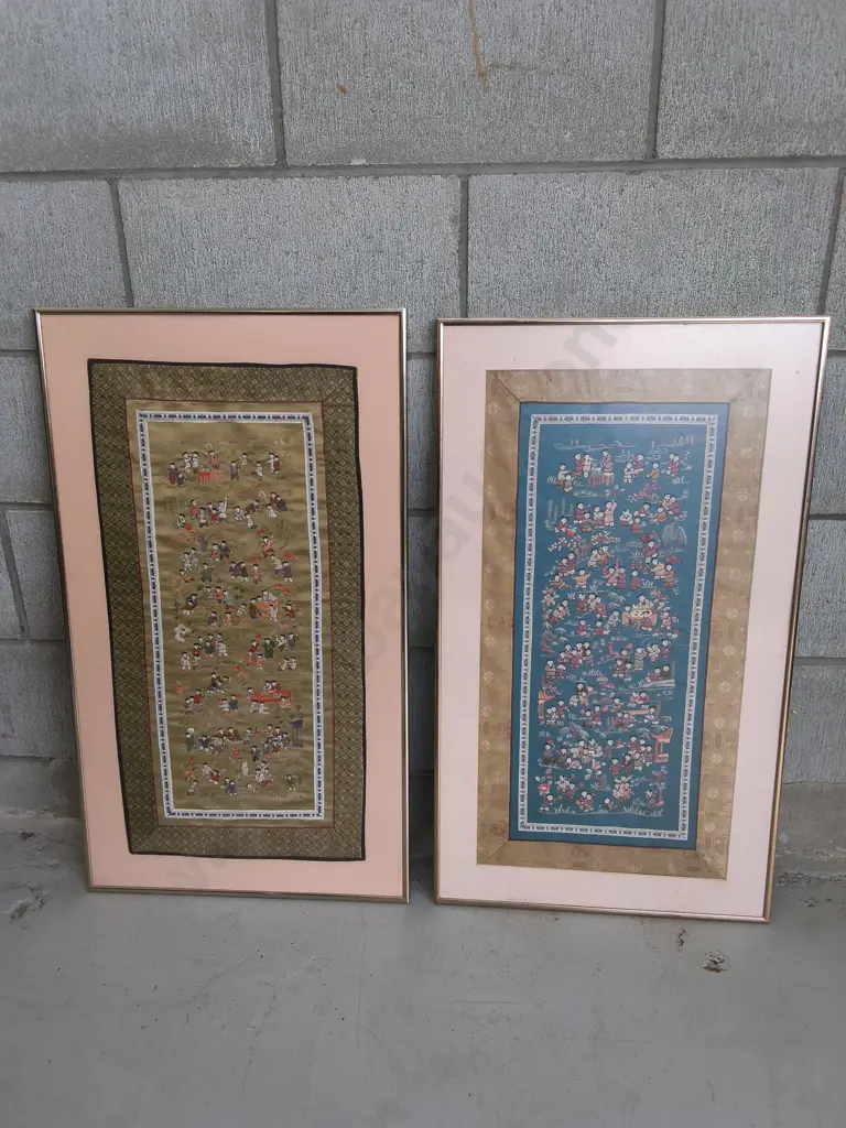 PAIR OF VINTAGE FRAMED CHINESE SILK EMBROIDERY PANELS, TALLEST H 78 CM X W 44 CM Image 1++