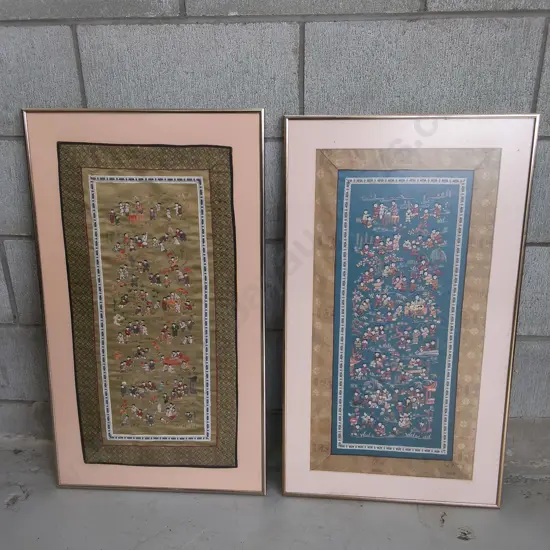 PAIR OF VINTAGE FRAMED CHINESE SILK EMBROIDERY PANELS, TALLEST H 78 CM X W 44 CM