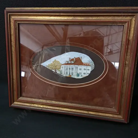 FRAMED PAINTING ON A LEAF BY CLAUDE HOUETTIN 29 X 24CM