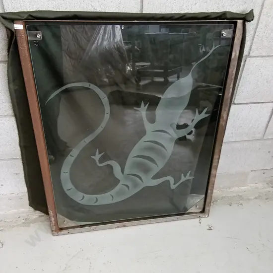 VINTAGE METAL FRAMED GLASS PANEL LIZARD FROST PRINT, 85CM X 70CM