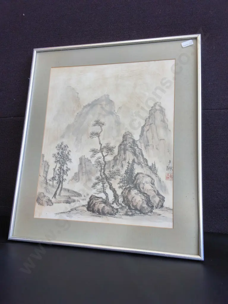 TRADITIONAL CHINESE SHANSHUI LANDSCAPE PAINTING, FRAMED, H 49 CM Image 1++