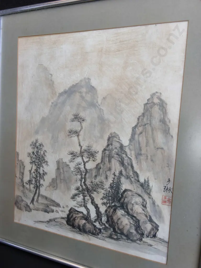 TRADITIONAL CHINESE SHANSHUI LANDSCAPE PAINTING, FRAMED, H 49 CM Image 1++