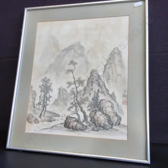 TRADITIONAL CHINESE SHANSHUI LANDSCAPE PAINTING, FRAMED, H 49 CM