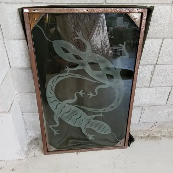VINTAGE METAL FRAMED GLASS PANEL LIZARD FROST PRINT, 111CM X 70CM,