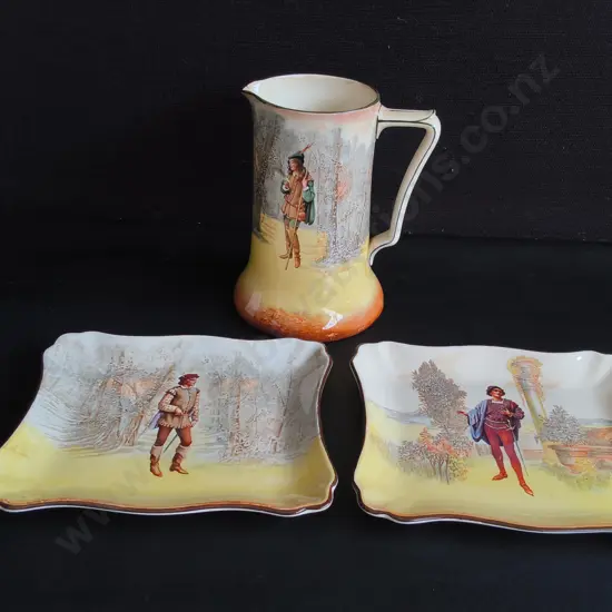 VINTAGE ROYAL DOULTON "SHAKESPEARE " SERIESWARE 3 PIECE SET, TALLEST H 20 CM